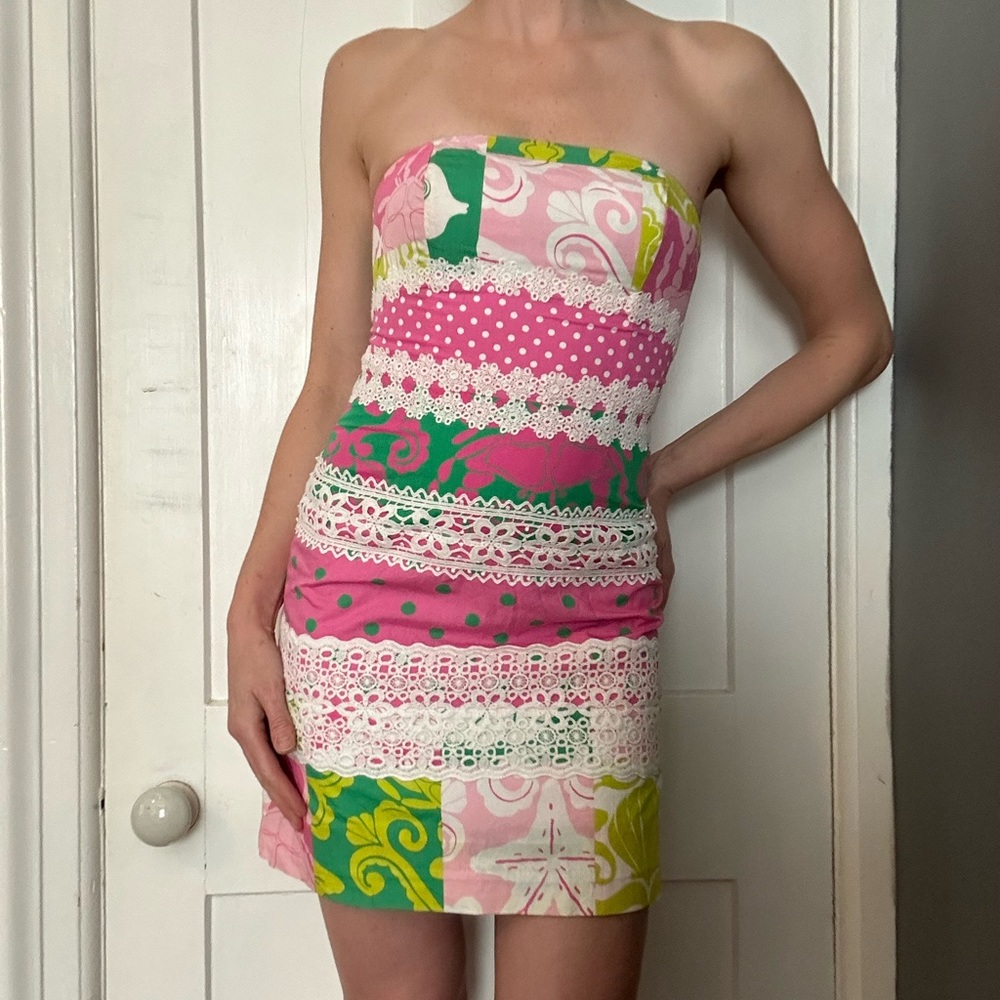 Lilly Pulitzer Vintage 90’s Patch of Paradise Strapless Mini Dress Women’s Sz 0